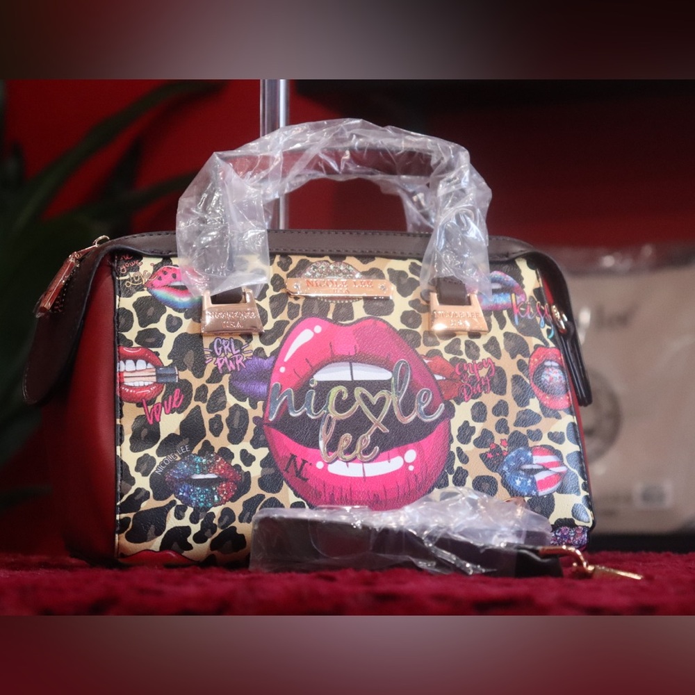 Nicole Lee Black and Brown Satchel with Leopard Print